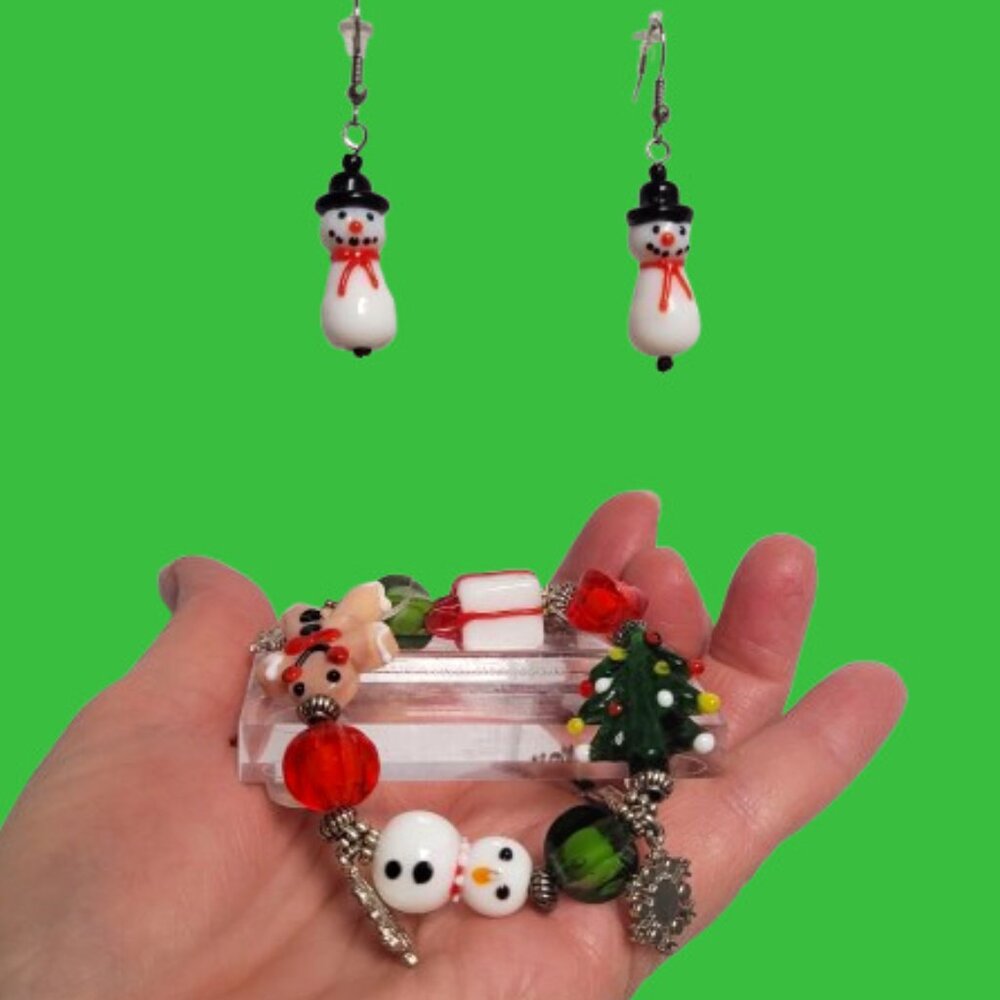 Snowman, Gingerbread Man and Christmas Tree Bracelet and Earrings Set
